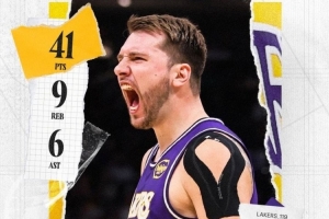 统治比赛！湖人发布东契奇41+9+6数据海报：赛季第四次单场40+